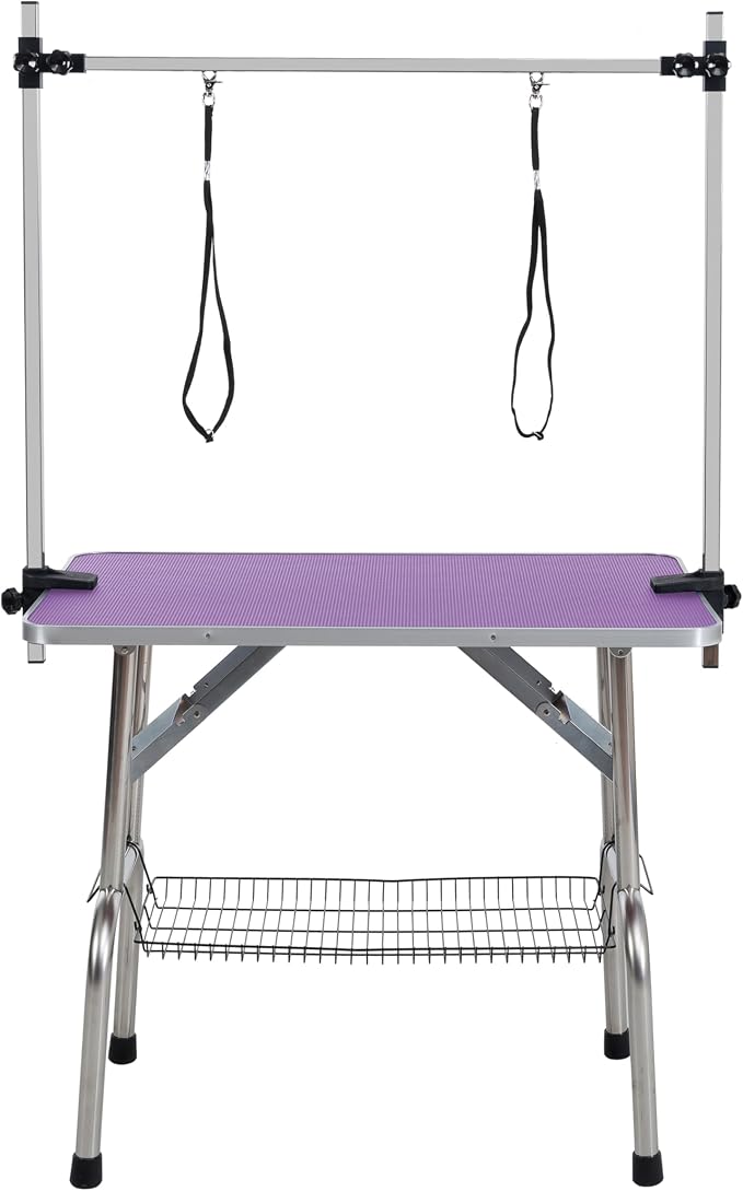 42" Pet Dog Grooming Table, Foldable Stainless Steel Frame Pet Drying Grooming Table Up to 330lbs, Professional Bathing Desk for Dogs at Home with Adjustable Overhead Arms, Noose, Mesh Tray, Purple