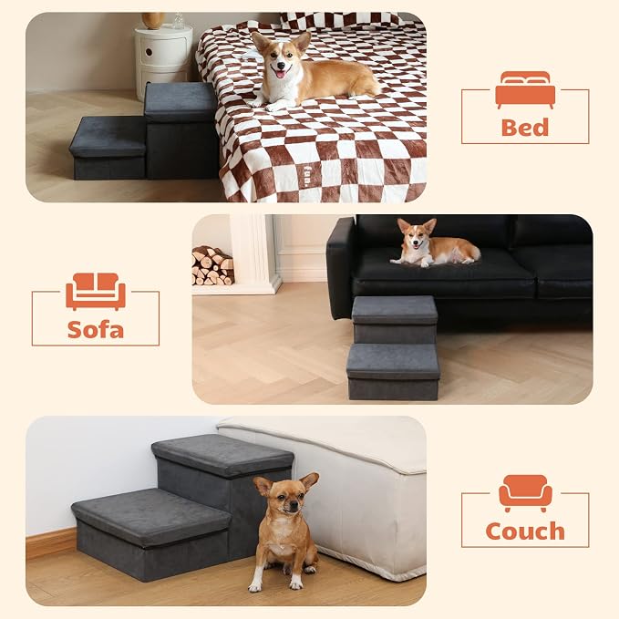 Foldable Dog Stairs with Storage | 2-Step Non-Slip Pet Steps for High Beds and Couch, Hidden Storage Dog Ladder for Small & Medium Dogs, Cats, Grey