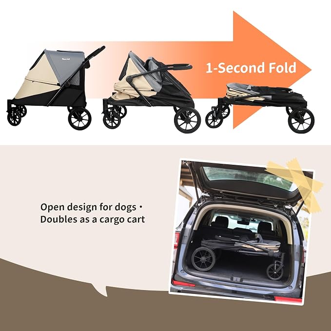 Dog Stroller for Medium/Large Dogs One-Click Folding 4 Wheel Pet Foldable Dog Stroller for 2 Dogs Jogger with Storage Pocket Suitable for Pets Up to 110LBS