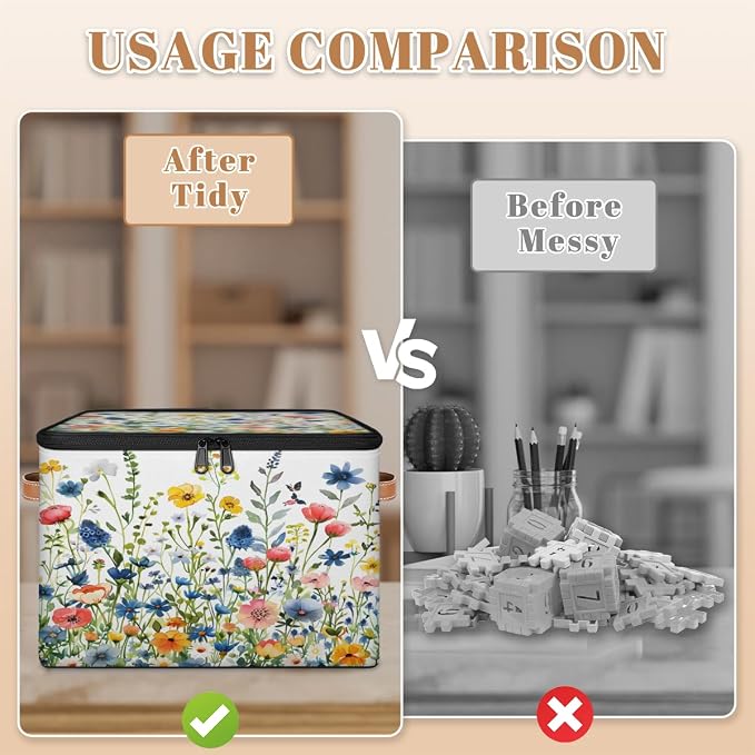 Pardick Storage Bin Spring Floral Storage Baskets with Zipper Lid & Handle Foldable Closet Shelf Cloth Organizer Basket Cube Bins Clothes Organizer for Nursery, Bedroom