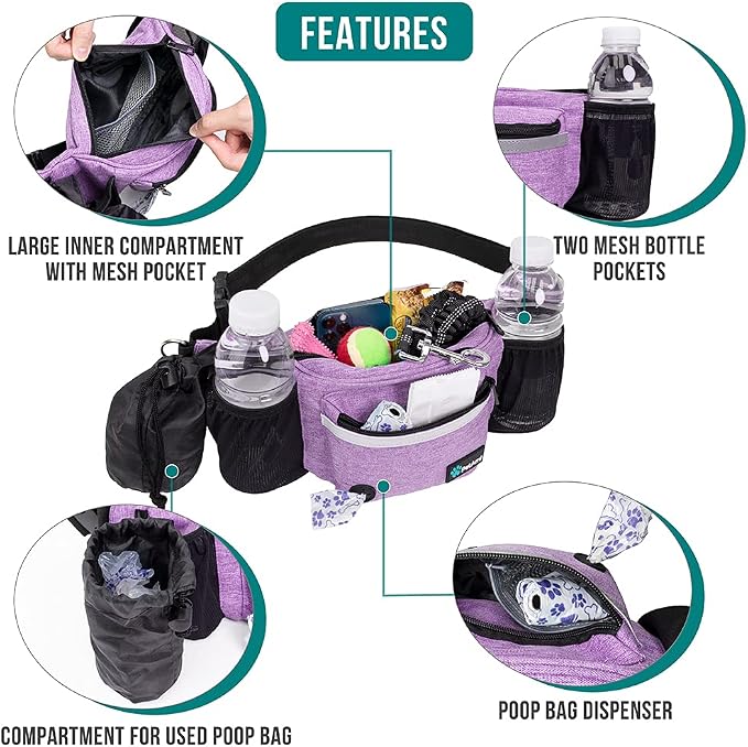 PetAmi Dog Fanny Pack, Treat Pouch for Dog Walking Training, Purple | Built in Poop Bag Dispenser, Water Bottle Holder, Collapsible Bowl, Pet Treat Waist Belt for Hiking Running Kibbles