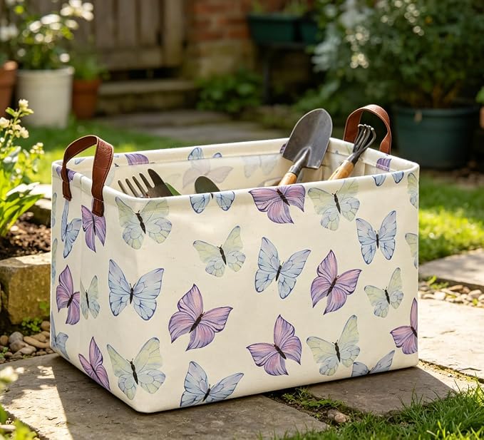 Rectangle Storage Basket with Handles, Collapsible Storage Bin, Books Box,Gift Basket(Blue & Purple Butterfly)