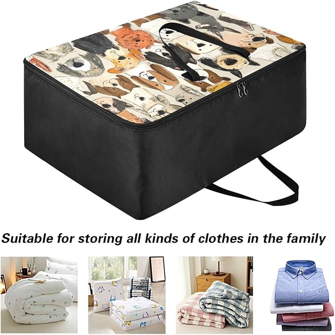Comforter Storage Bags Large Folding Blanket Organizer Bag with Strong Handles Clear Window Closet Storage Containers for Clothes King Queen Pillows Bedding Quilt Duvet Beige Cute Pet Dogs