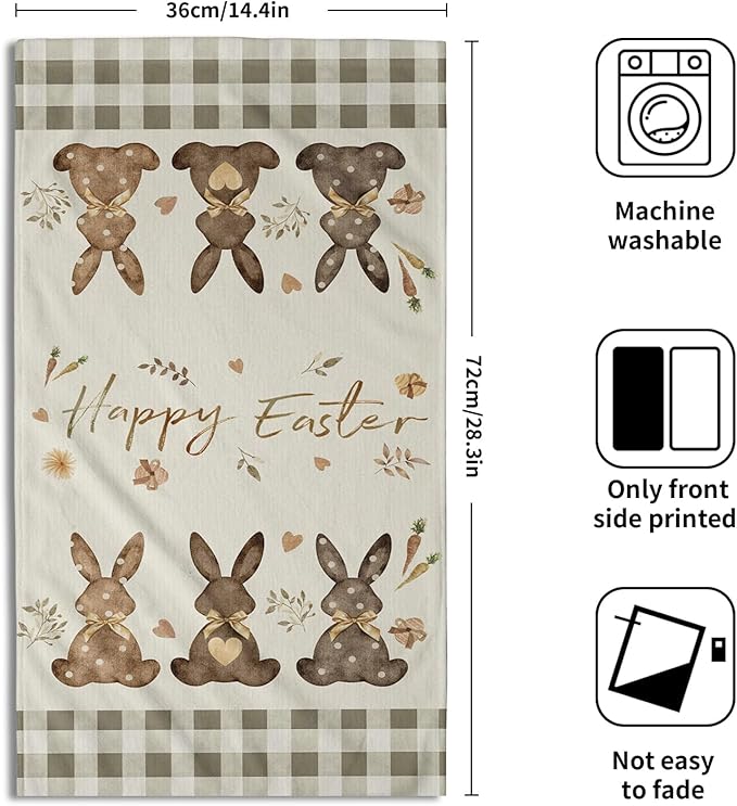 Giwawa Happy Easter Hand Towel Set of 2 Spring Cute Bunny Rabbits Egg Carrot Towel Brown Buffalo Plaids Quick Drying Dish Wash Cloth for Hotel Bathroom Gym Home Spa Holiday Decor