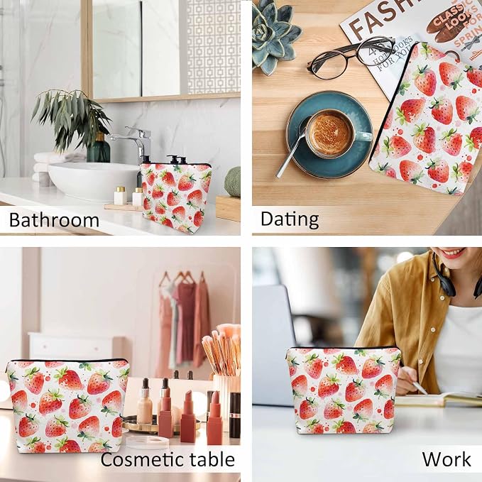 Strawberry Cosmetic Travel Bag For Toiletries, Summer Fruits Strawberry Red Makeup Bag Toiletry Bags For Women, Flax Cosmetic Bags Make Up Bag Purse Toiletries Bag Birthday Gift