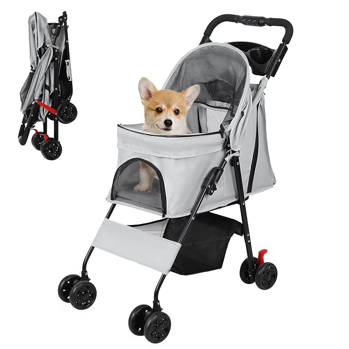 4 Wheel Pet Stroller for Small Medium Dogs, Foldable Cat Carriage with Breathable Mesh Windows, Cup Holder and Storage Basket, Portable Animal Strolling Cart Holds up to 22lbs Grey