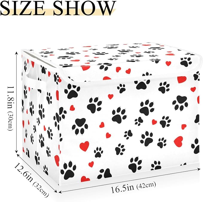 Paw Heart Storage Bins with Lids Closet Bedroom 40L Fabric Bin | Decorative Storage Boxes, Foldable & Stackable, Dust-Proof Flip Top, Reinforced Handles, For Home & Dorm, Clothes & Toy Box