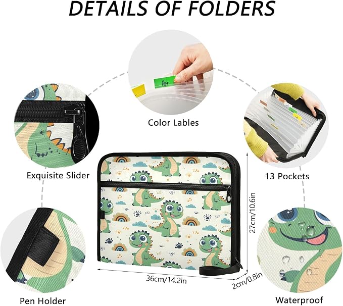 Green Dinosaur Rainbow Pattern 13 Pocket File Organizer Expanding File Folder with Front Pouch Portable Business File Storage Document Organizer Folder with Zipper