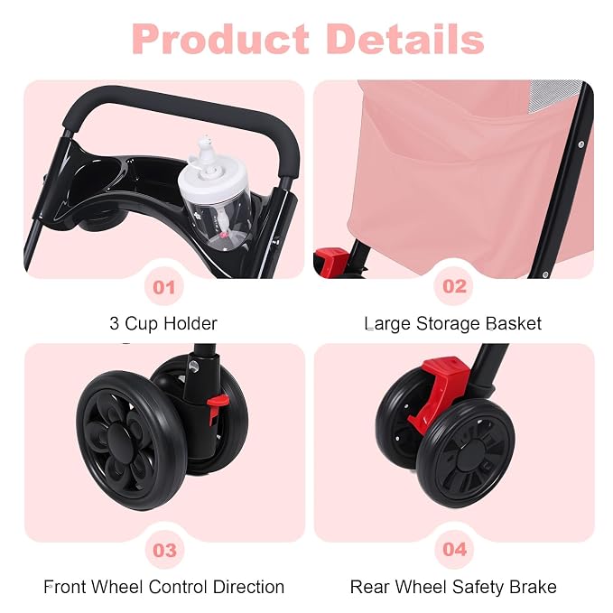 4‑Wheel Foldable Pet Stroller, Travel Strolling Cart for Small & Medium Dog | Breathable Visible Mesh Window, Cup Holder & Storage Basket, Rear Wheel Dual Brake, Portable Folding Design Pink