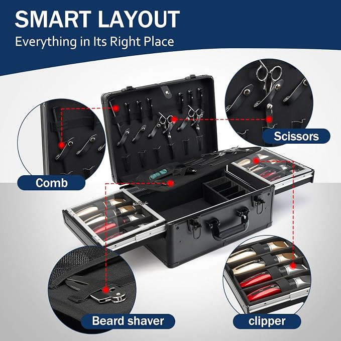 MoyRetty Professional Barber Case with Cap Clear dustproof, 16.5"*12.4"*7" | arber Suitcase 6 Clipper Slots & 8 Shear Holders, Portable Aluminum Organizer for Hair Stylists & Pet Groomers