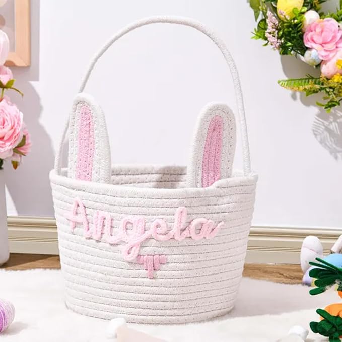 Personalized Cute Small Woven Basket with Handles, Custom Cotton Rope Room Shelf Storage Basket, Empty Decorative Gift Basket, Decorative Round Bin for Nursery Bedroom Bathroom (Style G)