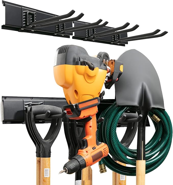 TIDYME Garage Tool Organizer Wall Mount, 32", 2 Racks 4 Hooks, 200 lbs | 200 lbs, anti-rust carbon steel, garden tool organizer & storage rack for garage organization, shovels, rakes & tools