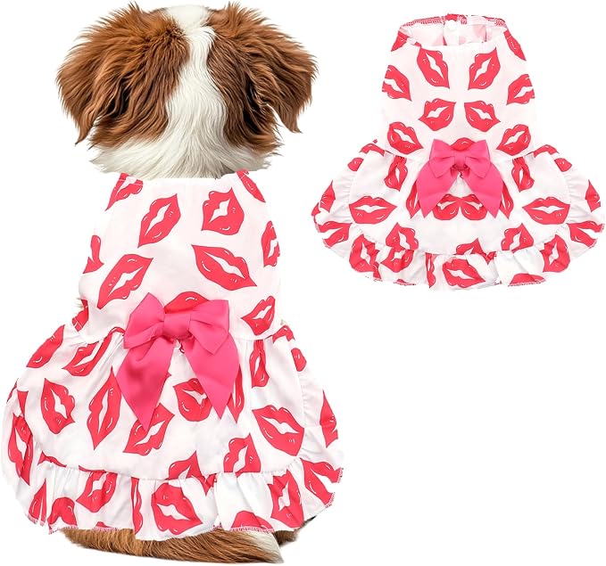 Dog Dress M, Cute White Pet Dress with Red Lip and Pink Bow, Stylish Pet Outfit for 8-9 lbs Dogs and Cats, Romantic Holiday Clothing