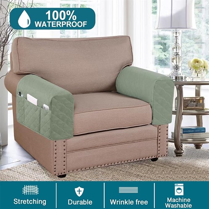 2 Pcs Waterproof Couch Arm Covers Dirty-Resistant Anti-Scratch Arm Rest Covers for Sofa with Side Pocket Anti-Slip Arm Chair Covers, Armrest Organizer(Green)
