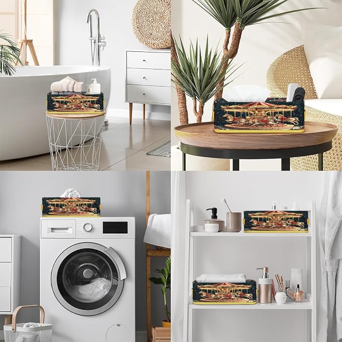 Amusement Park Carousel Bathroom Storage Basket Waterproof Foldable Storage Bins with Handles Decorative Toilet Paper Storage Basket for Organizing for House Bathroom Toiletries