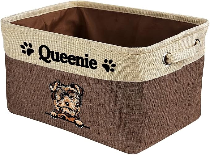 Personalized Fabric Dog Toy Storage Basket with Cute Dog Yorkie Collapsible Sturdy Fabric Pet Toys Storage Bin Cube with Handles for Organizing, Brown and White