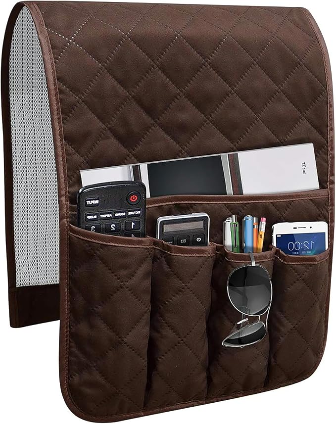 Armchair Caddy for Recliner, Non Slip Sofa Arm Organizer, Dark Brown | 5-Pocket Recliner Armrest Organizer, Couch Side Storage Holder for Remotes, Cell Phone, Magazines & Tablets, Machine Washable