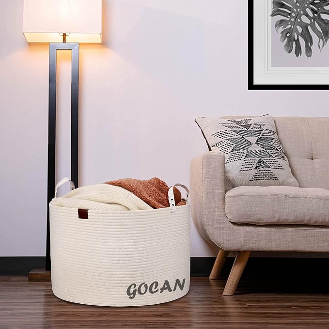 Cotton Rope Woven Laundry Basket 22"X 22"X 14" with handles（Cream）XXXL | Hand-woven, ideal for storing blankets and cushions in the living room, and clothes for household storage.