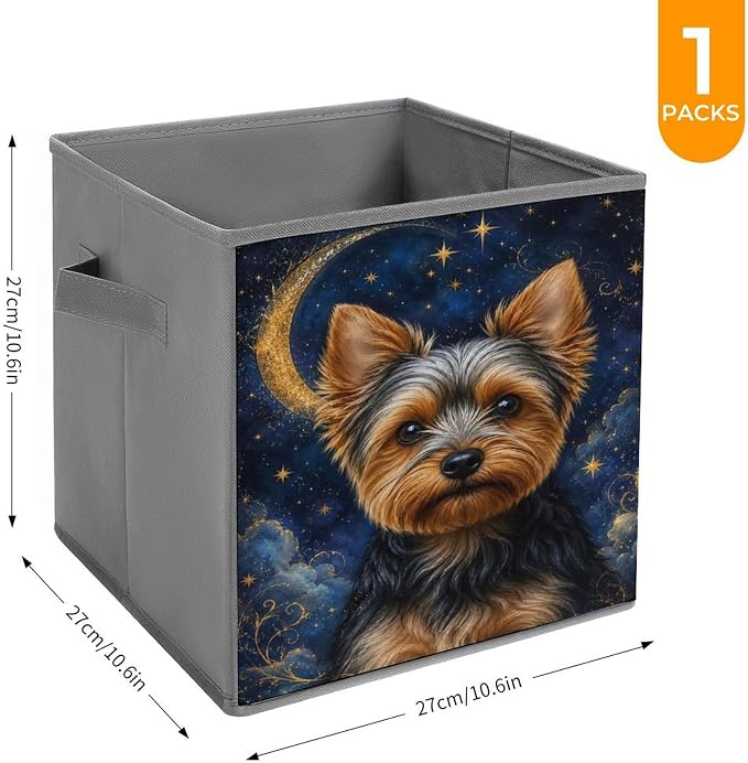 Yorkie Dog Starry Night Moon Storage Bin with Handles, Oxford Fabric Foldable Storage Cube Organizer for Clothes, Towels, Bedroom, Living Room, Home Organization