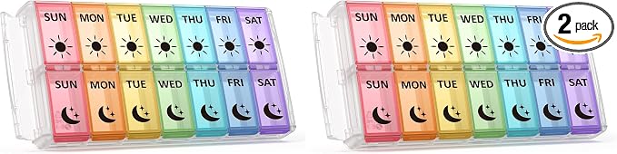 Weekly Pill Organizer 2 Times a Day Extra Large 7 Day Easy Fill Quick Fill Portable Fullicon AM PM Pill Box for Supplement, vitamine, and Medicine - (Patent Registered) (Pack of 2)