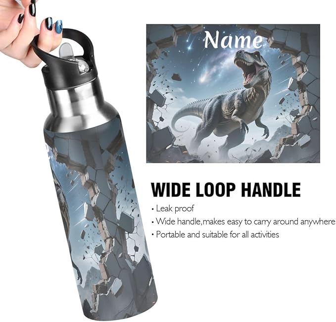 Custom Name Dinosaur Galaxy Track Wall Water Bottle with Straw Lid Kids Insulated Stainless Steel Water Flask Sports, 20 Oz Hot Cold