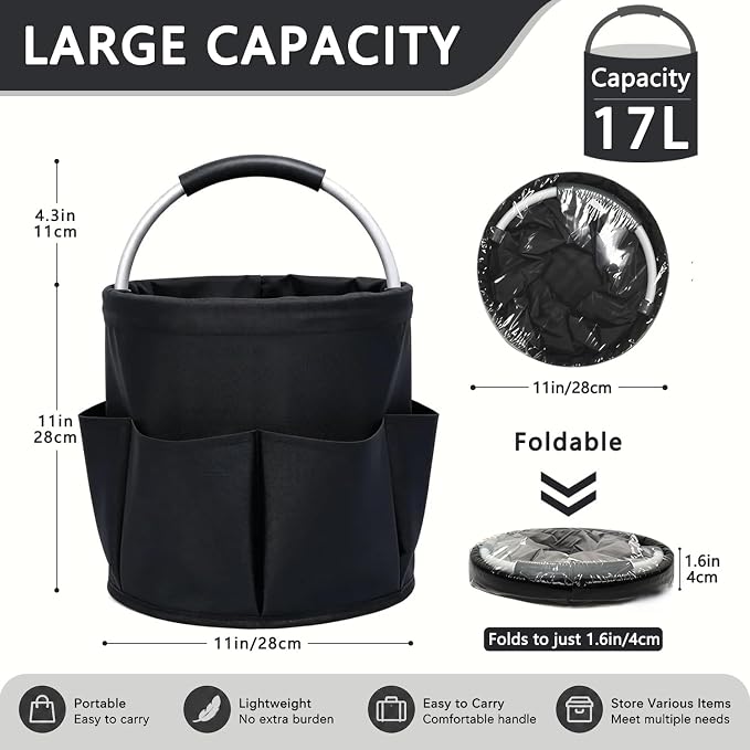 Cleaning Caddy with Handle, 17L Foldable Storage Basket, Heavy Duty 600D Oxford Cloth Organizer, Portable Supply Bag, Multi-Purpose Supplies Caddy for Home, Bathroom, Kitchen, Garden - Black