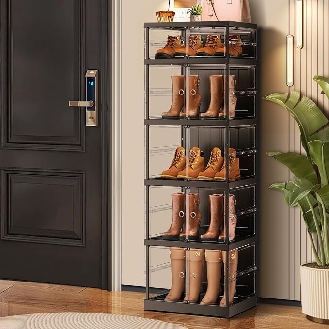 CIMLORD 5-Tier Foldable Shoe Rack Organizer for Boots, 10 Pairs, Black | Collapsible Narrow Plastic Shoe Cabinet Storage, Fits Tall Boots, Stackable with Lids, Easy Assembly, for Closet & Entryway
