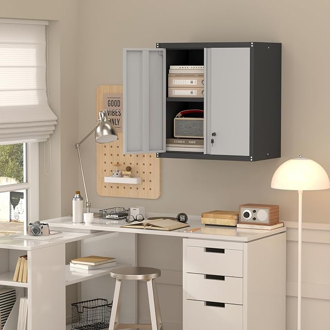 Locking Metal Wall Cabinet, 28" Metal Storage Cabinets with Doors and Shelf, Steel Garage Locker Mounted Small Tool Chest for Home Office, Kitchen, Pantry