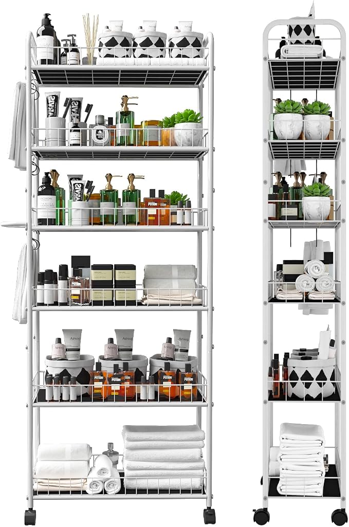 10in 6 Tier Slim Storage Cart with Wheels, Narrow Space Rolling Shelving Unit with Handle, Metal Wire Mobile Organizer Rack for Kitchen Bathroom Office Laundry