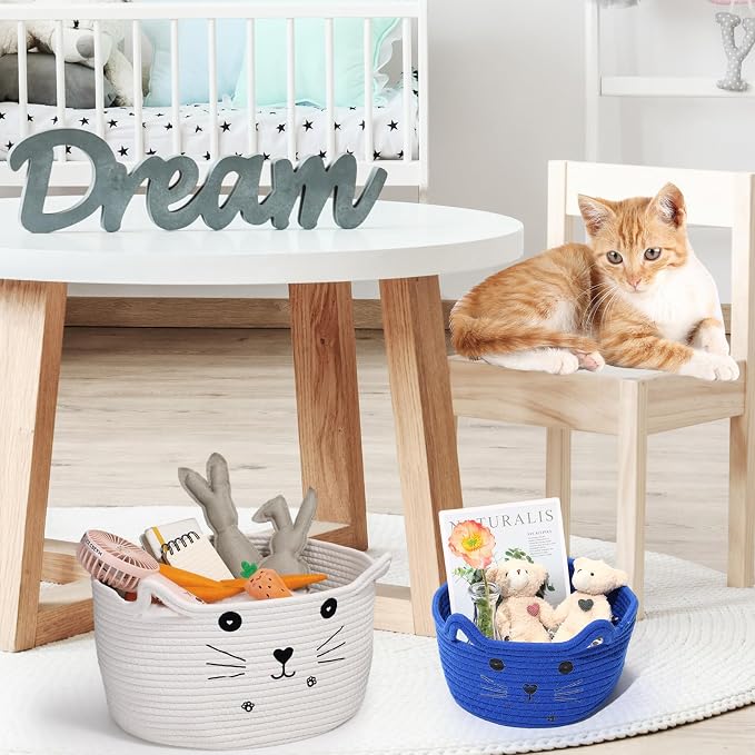 Zopeal Cat Storage Basket Woven Organizer with Ears Decorative Gift Cute Cotton Rope Pet Toy Basket for Gift Cat Dog Toy Bin Nursery Room(8.3 x 4.7 Inch,Royal Blue)