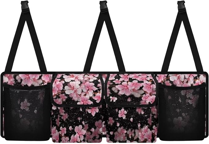 Dreaweet Pink Cherry Blossom Trunk Organizer for Car Women Collapsible Trunk Hanging Organizer Backseat Bag Car Storage Accessories Interior with 2 Pockets & 2 Mesh Pouches for Groceries
