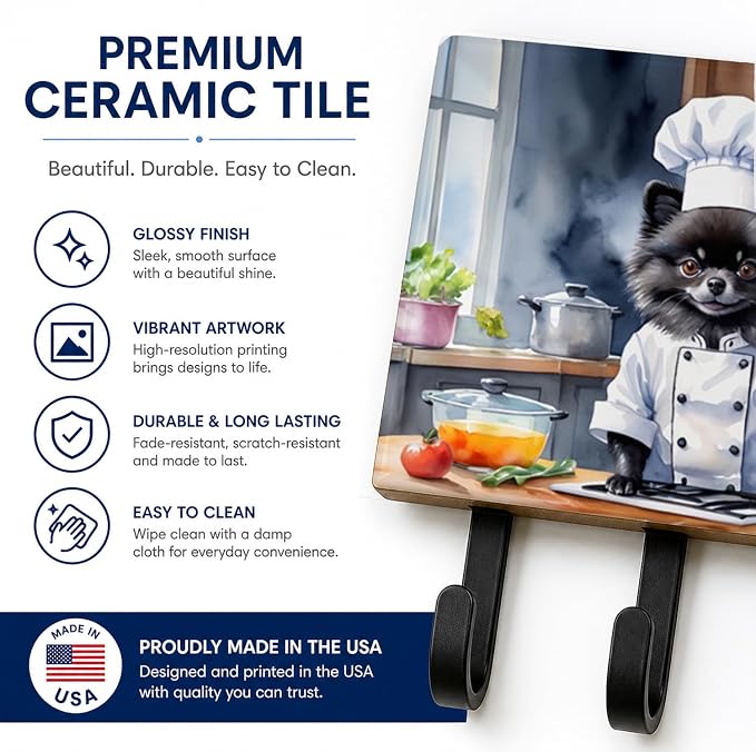 Caroline's Treasures Pomeranian The Chef Leash or Key Holder Wall Hooks, Key Hooks Holder, Coat Rack Wall Mount, Coat Hooks, Hooks for Hanging Keys, Towels, Aprons, Leashes | Pomeranian The Chef artwork on ceramic tile with three steel hooks for keys, ...
