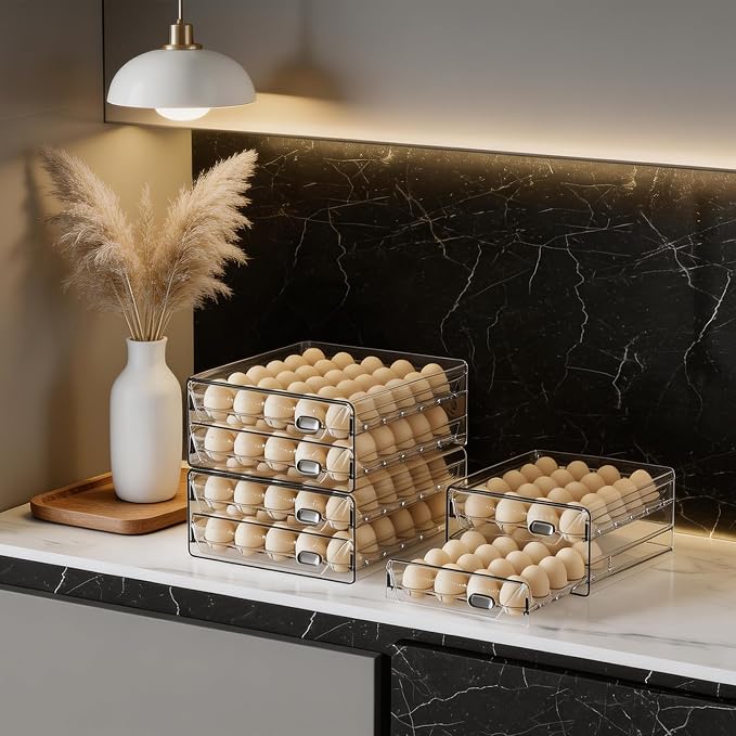 HIYOHIYO Clear 60 Grid Egg Organizer for Refrigerator with Drawers, 2-Tier | Large Capacity with Time Scale Marking | Sturdy Egg Storage for Fridge | Stackable Eggs Container for Fridge and Countertop