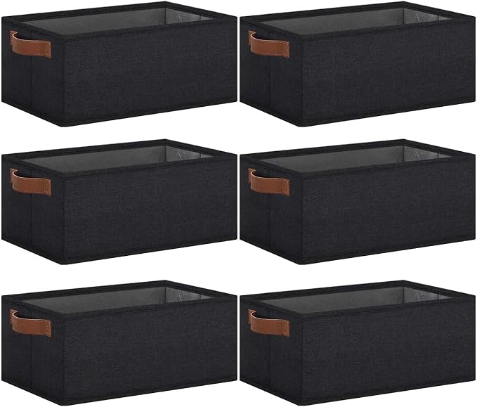 GhvyenntteS Small Fabric Storage Bins 6 Pack, 11.8" x 7.87" x 5.11" Storage Basket with Leather Handles, Closet Storage Bins for Shelves, Storage Baskets for Shelves, DVD Storage (Black)