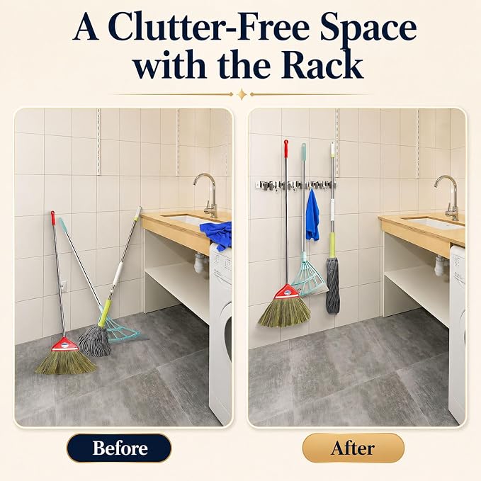 voze 5 Racks and 4 Hooks Mop and Broom Holder Wall Mount, Self Adhesive Heavy Duty Broom Hanger Organizer Storage Tool Racks for Kitchen Garden Laundry Garage (Pack of 2)