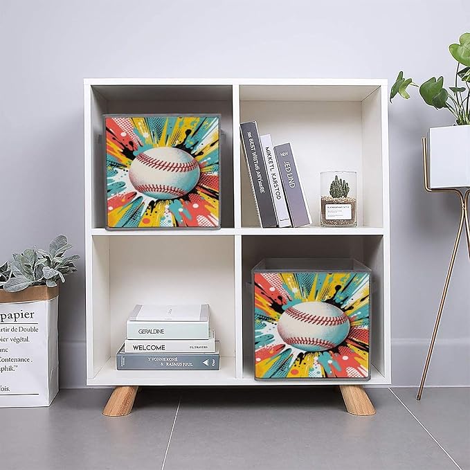 Baseball Pop Art Design Storage Bin with Handles, Oxford Fabric Foldable Storage Cube Organizer for Clothes, Towels, Bedroom, Living Room, Home Organization