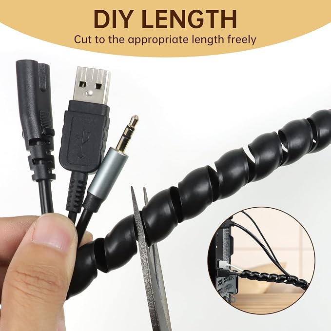Spiral Cable Wrap, 10ft Cable Sleeves for Cords, Flexible Cable Management Sleeve for Computer, Power, Audio & Video Cords (Black, 1/2")