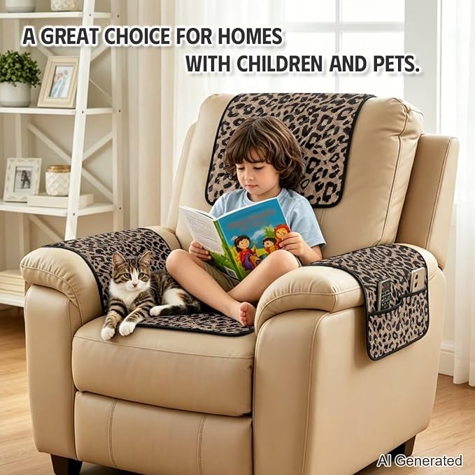 Leopard Print Recliner Chair Covers Non Slip 4 Piece Stylish | Cheetah Quilted Recliner Chair Protectors Slipcover with Side Pockets,Washable Furniture Covers for Recliners And Armchairs