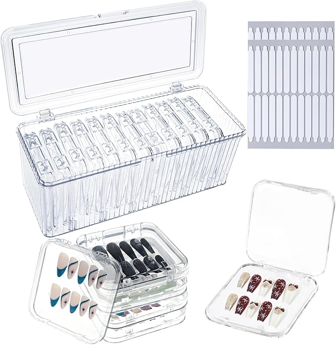 Press on nail storage 12 PCS Acrylic Nail Storage Box - Portable Versatile Organizer for Press - On Nails, Jewelry and More with 60 Pcs Adhesive Double Sided Tape
