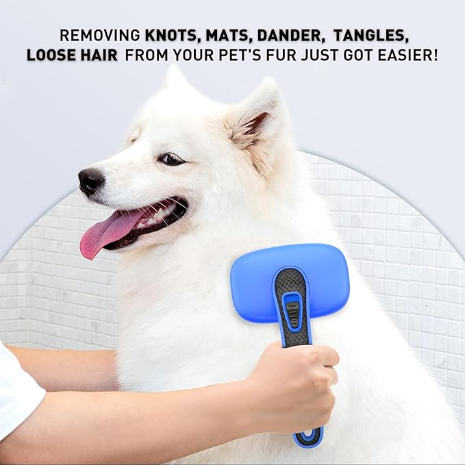 Self Cleaning Slicker Brush for Dog, Cat, Skin Friendly Shedding & Grooming Tool for Long and Short Haired Pets, Easy Clean Retractable Bristles, Blue