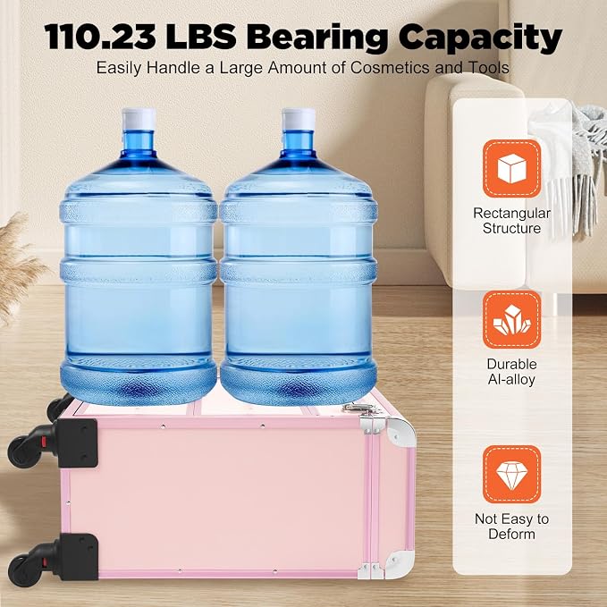 Professional Rolling Makeup Train Case, Large Cosmetic Trolley with Three-Gear Telescopic Pull Rod for Hairdressers, Pet Beauticians Bearing Capacity 110.23 Lbs 22.4 x 14.2 x 9.1 Inch Pink