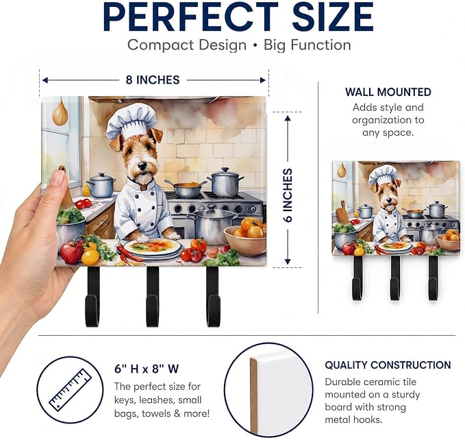 Caroline's Treasures Fox Terrier The Chef Leash or Key Holder Wall Hooks, Key Hooks Holder, Coat Rack Wall Mount, Coat Hooks, Hooks for Hanging Keys, Towels, Aprons, Leashes | Fox Terrier The Chef artwork on ceramic tile with three steel hooks for keys...