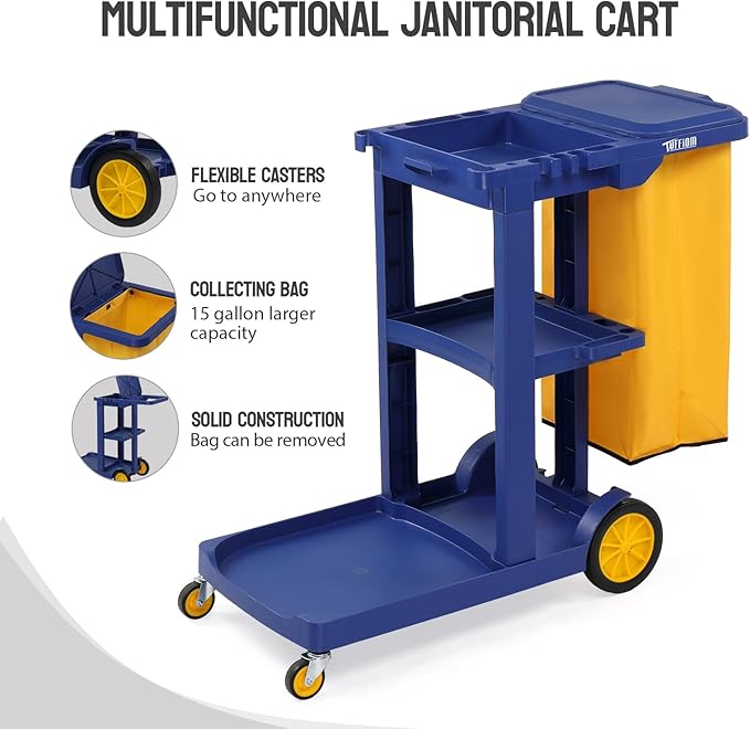 TUFFIOM Commercial Traditional Cleaning 3-Shelf Janitorial Cart, 500 Lbs Capacity Housekeeping Cart, Wheeled with Yellow VinylBag and Cover w Lid, Blue