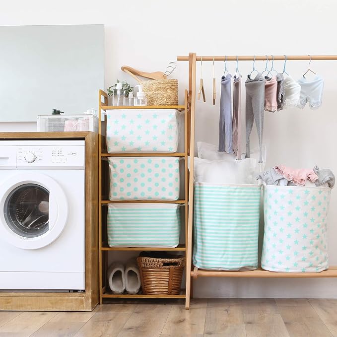 Sea Team Large Canvas Laundry Basket with Handles, Mint Stripes | Collapsible Fabric Laundry Hamper, Closet Shelf Organizers, Containers for Clothing, Blankets, Toys, Bedding, 19.7 x 15.7”
