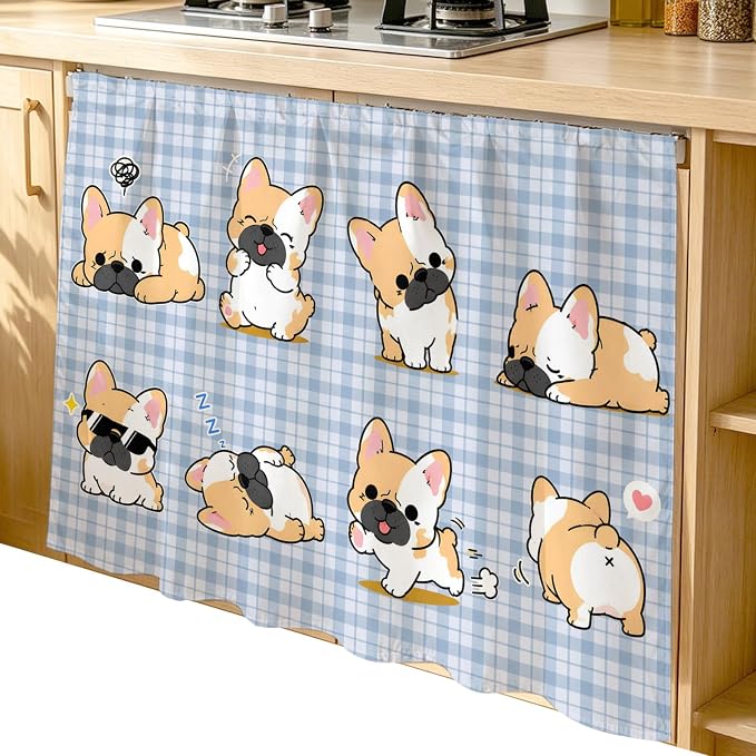Cute Puppy Cabinet Dishwasher Hidden Curtains, Privacy Closet Door Curtain, Blue Purple Plaid Modern Funny Dogs Pet Adhesive Dust Proof Under Sink Skirt for Bathroom Kitchen 35"x35"