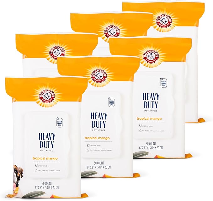 Arm and Hammer for Pets Heavy Duty Multipurpose Dog Bath Wipes, Mango Scent, Travel Size - All Purpose Wipes that Remove Odor and Refresh Dog Coat Between Baths, 30 Count - 6 Pack