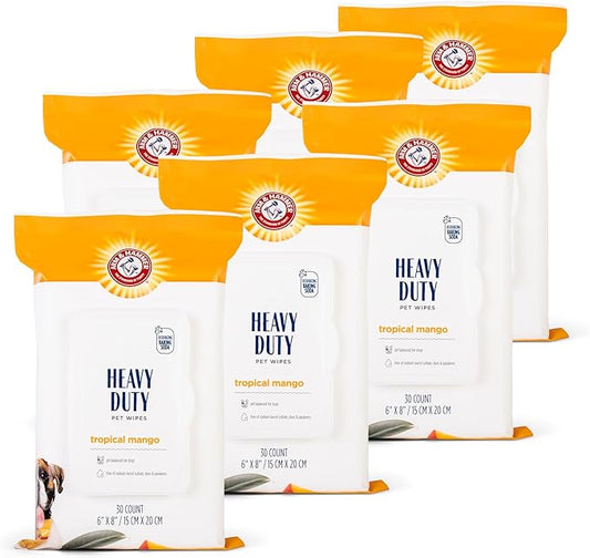 Arm and Hammer for Pets Heavy Duty Multipurpose Dog Bath Wipes, Mango Scent, Travel Size - All Purpose Wipes that Remove Odor and Refresh Dog Coat Between Baths, 30 Count - 6 Pack