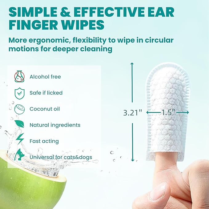 MEDUWEDU Ear Cleaner Finger Wipes 120 Counts, Dog Ear Cleaner, Grooming Kit Care for Dogs and Cats, Soft & Easy Otic Cleaning Pads, Remove Wax, Dirt & Stop Smelly, Itchy, Non-Irritating, Coconut Scent