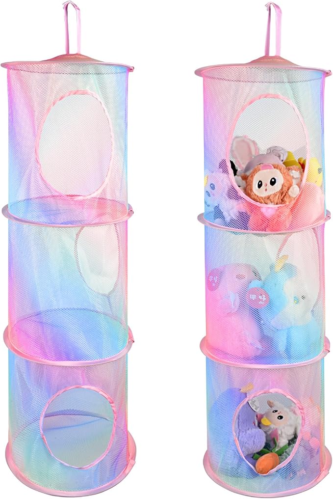 ChezMax Hanging Mesh Stuffed Animal Storage - 3 Tiers 2 Pack Large Stuffed Animal Net Organizer, Foldable Space Saver Bags Basket Organization Holder Room Bedroom Playroom Wardrobe Rainbow