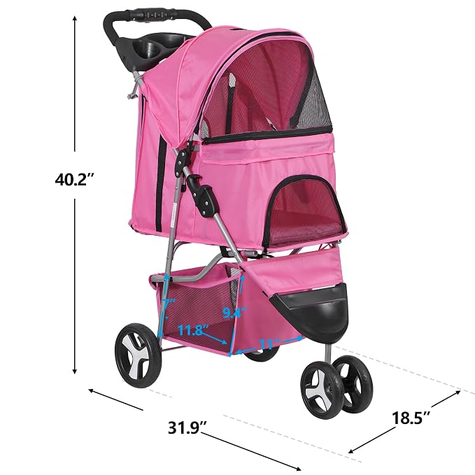 3 Wheels Dog Stroller Folding Pet Strolling Cart for Small Medium Cats Puppies Portable Jogger Travel Camping Puppy Carrier with Storage Basket Cup Holder, Pink